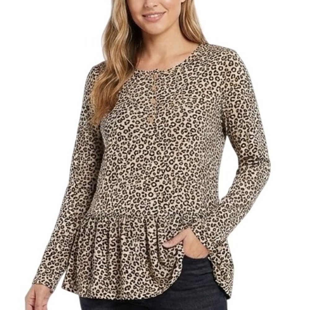 LUSH Leopard Print Peplum Tunic Top Women's‎ Size S Button Front Long Sleeve